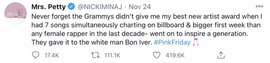 Nicki Minaj describes negative experience with The GRAMMY Association on Twitter.