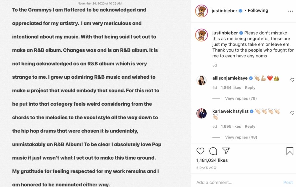 Justin Bieber discusses recent GRAMMY nominations on his Instagram account.