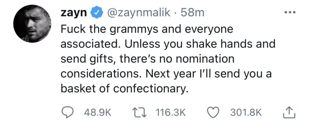 Zayn Malik addresses his disdain for The Grammys on his official Twitter account.